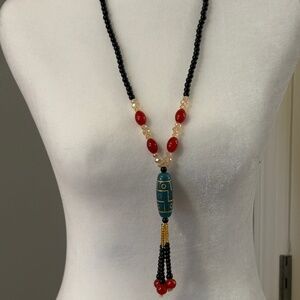 Chic Black, Amber and Red Beaded Necklace with Green Pendant